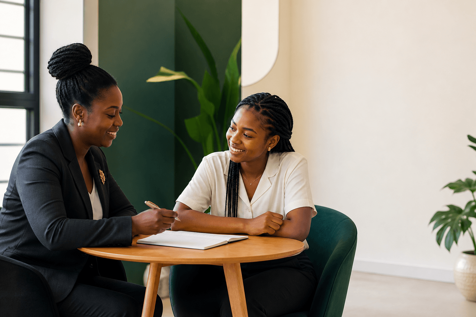 A manager and employee discussing their work